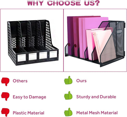 Desk Organizers, Metal Magazine File Holder with 2 Vertical Compartments Rack Binder File Organizer for Office Supplies, Home Workspace - Black