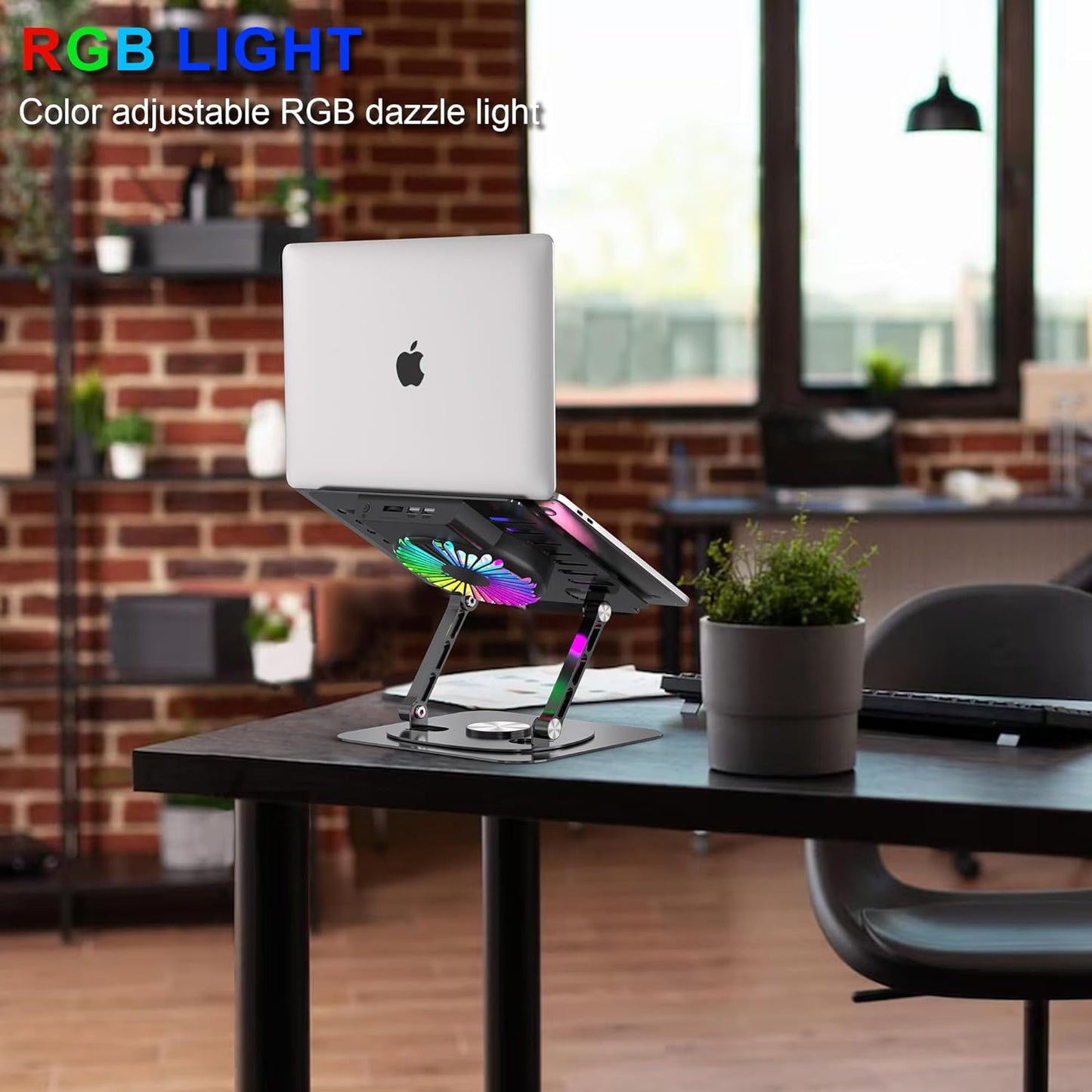 Laptop Stand,with 360°Rotating Base,External Cooling Fan,Adjustable RGB Lighting,Ergonomic Foldable Notebook Computer Holder.Compatible with All 10-17" Laptops Tablets,Silver