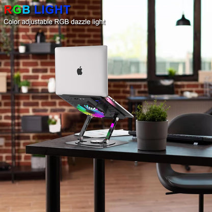 Laptop Stand,with 360°Rotating Base,External Cooling Fan,Adjustable RGB Lighting,Ergonomic Foldable Notebook Computer Holder.Compatible with All 10-17" Laptops Tablets,Silver