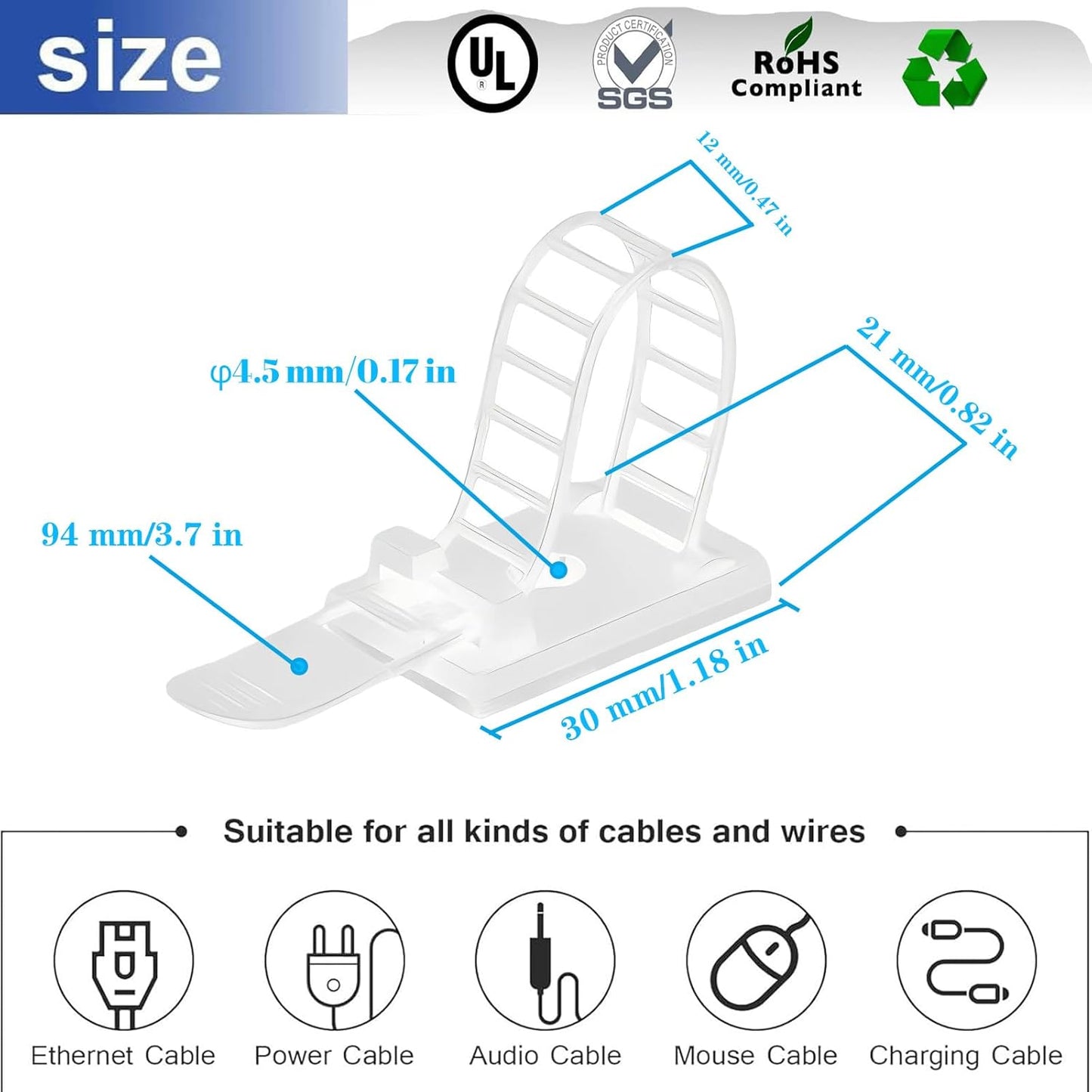 Adjustable Adhesive Cable Management Clips 50Pcs, Large self Adhesive Cable Ties Clips ，Suitable for Cable Management Under desks and on Walls (White)