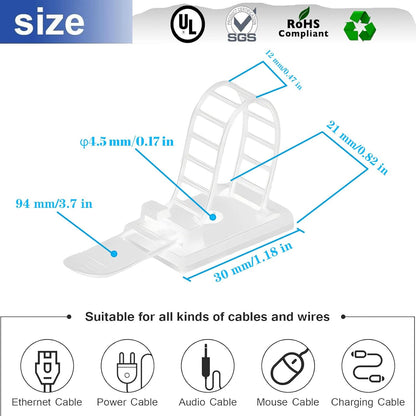 Adjustable Adhesive Cable Management Clips 50Pcs, Large self Adhesive Cable Ties Clips ，Suitable for Cable Management Under desks and on Walls (White)