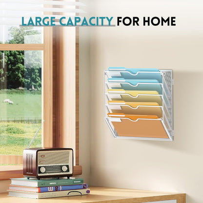 SUPEASY 5 Tier Wall File Organizer, Hanging Wall Mounted Mail Organizer with Label Slots, Metal Mesh File Holder Magazine Rack for Office, Home, School or Classroom, Black