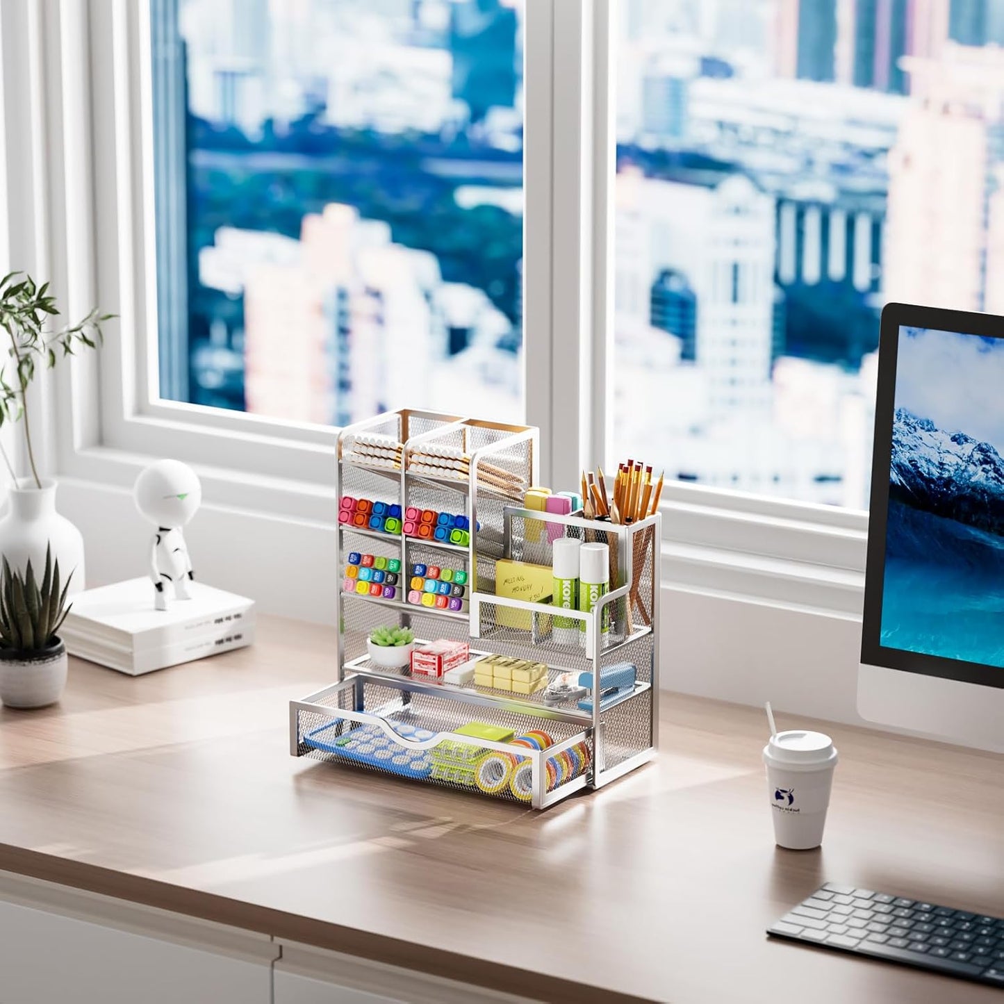 Marbrasse Mesh Pen Holder for Desk, Multi-Functional Pencil Organizer with Drawer, Desk Organizers and Accessories for Office Art Supplies (Black)