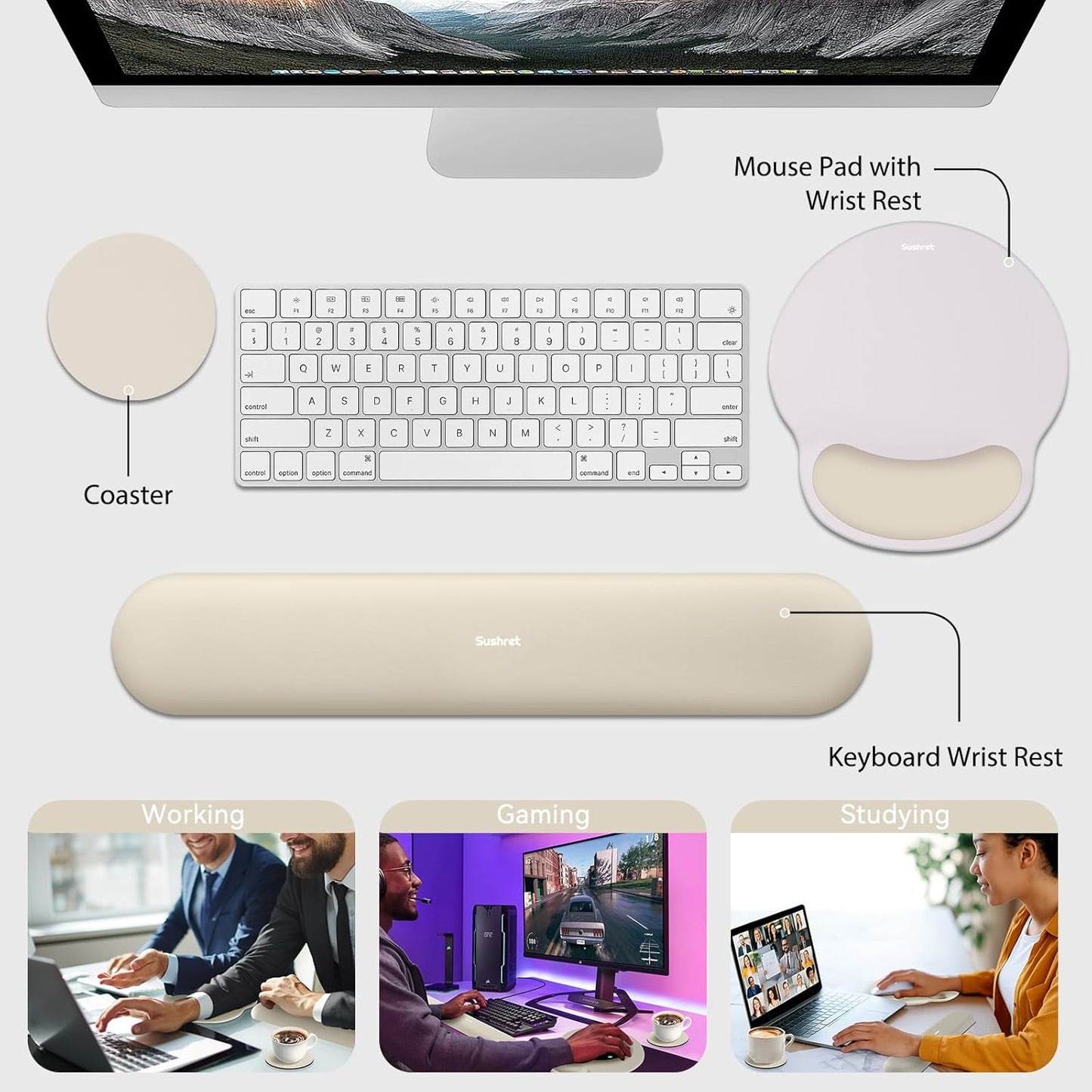 Sushret Mouse Pad and Keyboard Wrist Rest, 3-in-1 Gel Memory Foam Ergonomic Mouse Pad with Wrist Rest Set,Gaming Mousepad Arm Cushion Support for Computer Office Desk Accessories Cute Setup,Sage Green