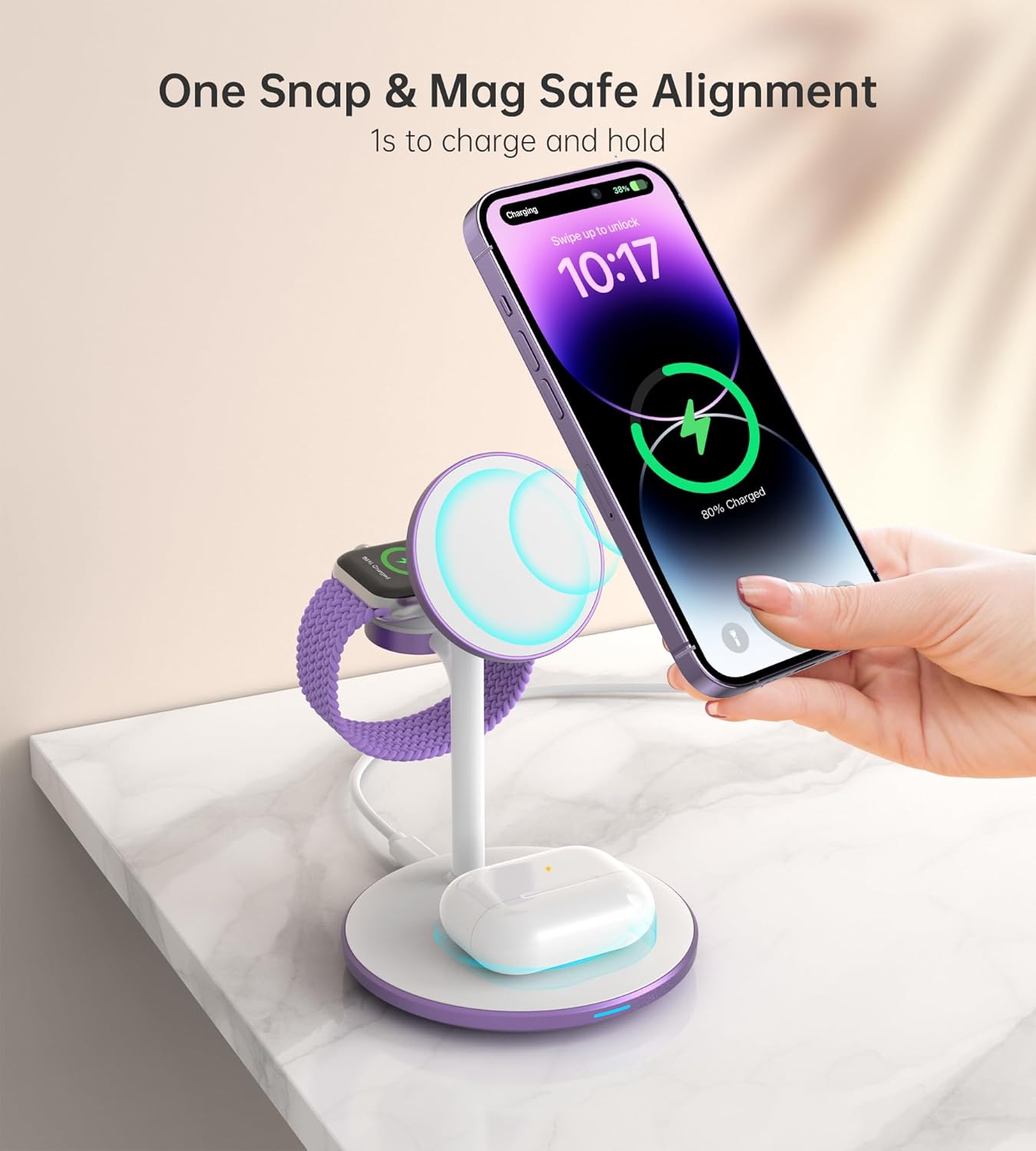XooFly 3 in 1 Wireless Charging Station for Apple Devices, Fast Wireless Mag-Safe Charger Stand with 20W Adapter for iPhone 17 16 15 14 13 12 Pro Max/Air/Plus/Pro,iWatch,AirPods-Gift for Wife&Husband