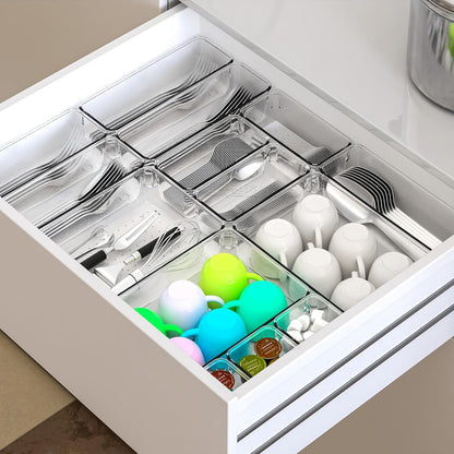 Yieach 60 Pc Clear Plastic Drawer Organizer Set,5 Sizes In Drawer Trays for Bathroom,Office,Kitchen Cabinet and Vanity Organizers,Desk Organizer Bins for Jewelry,Cosmetic,Utensil,Junk