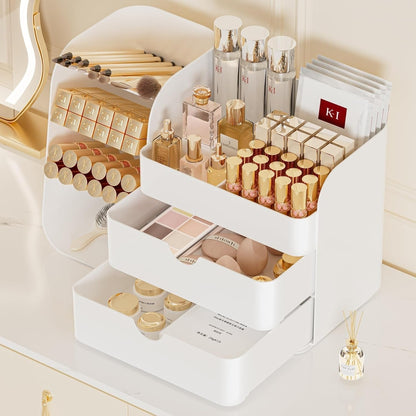 Booklov Makeup Organizer for Vanity, Countertop Cosmetic Display Case with Clear Acrylic Drawers, Bathroom Counter Beauty Caddy, Cute Table Storage Holder for Skincare, Brush Lipsticks, Crystal White