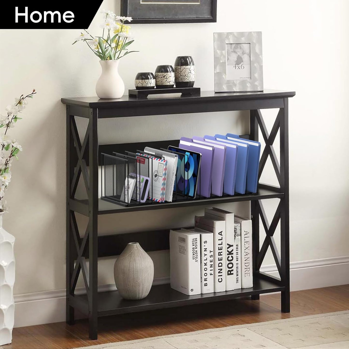 File Organizer for Desk, 5-Section Vertical File Sorter, Paper Holder Organizer Standing Metal File Folder for Office Home Classroom, Black