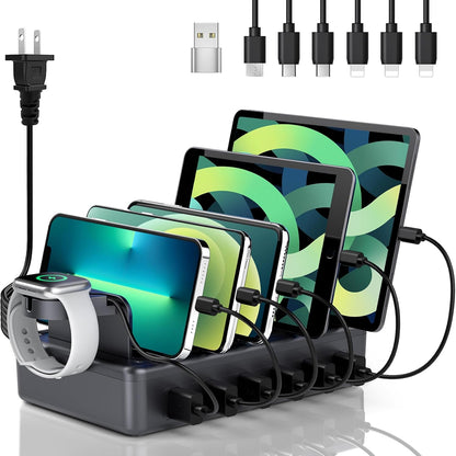 Charging Station for Multiple Devices, 6 Port 50W Fast Multi Charger Station Charging Dock with 6 Mixed Charging Cables for iPhone, iPad, Kindle, Tablet, Cellphone and Others