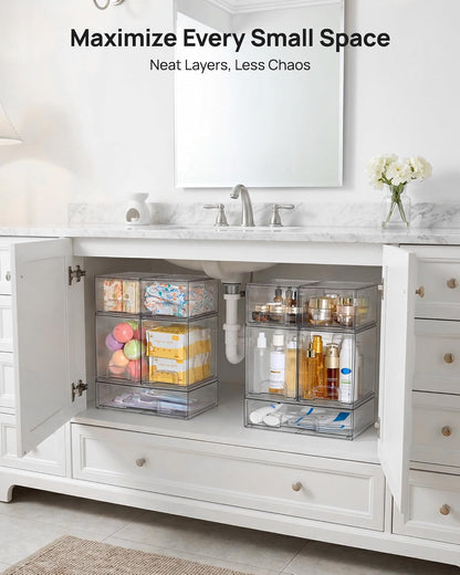 Vtopmart Stackable Storage Drawers Set of 4, Clear Plastic Organizer Bins for Bathroom Supplies,Ideal for Cabinet,Pantry,Laundry Room Organization
