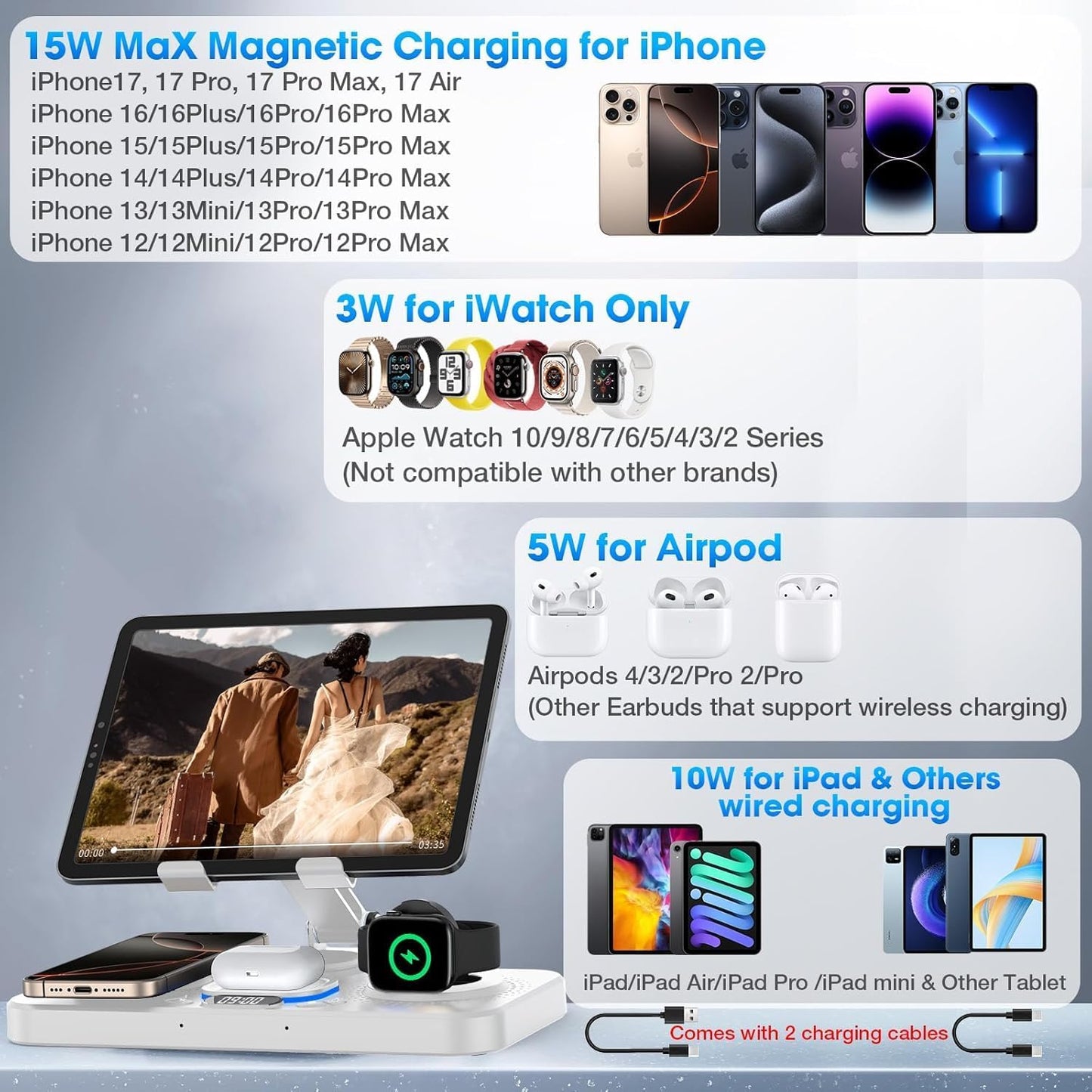6 in 1 Wireless Charger for Apple Device, 30W Foldable Wired Charging for ipad with Clock & 7 Color Ambient Light, Nightstand Charger Station for iPhone 17/16/15/iWatch Series/AirPods 4/Pro 3(Purple)