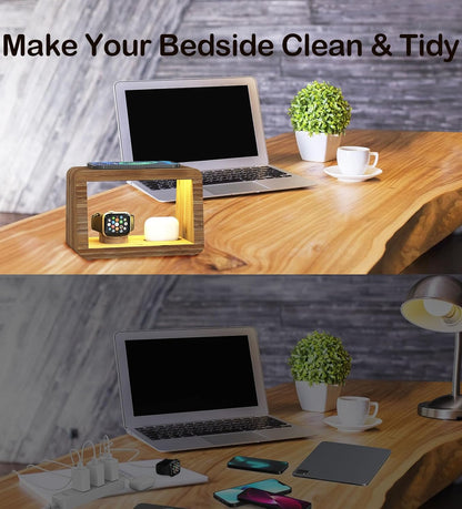 Bamboo Wireless Charging Station with Light: Ideal Gifts 4 in 1 Charging Station for Multiple Devices, Bedside Wireless Charger for iPhones 16-8/Pro/AirPods/iWatch