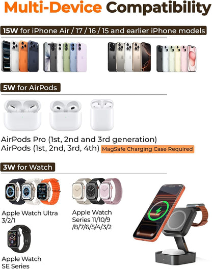 3 in 1 Wireless Charging Station for Apple Multiple Devices, Foldable Travel MagSafe Charger Stand with 20W PD Adapter for iPhone 17 16 15 14 13, Apple Watch, AirPods Pro/4 - Space Grey
