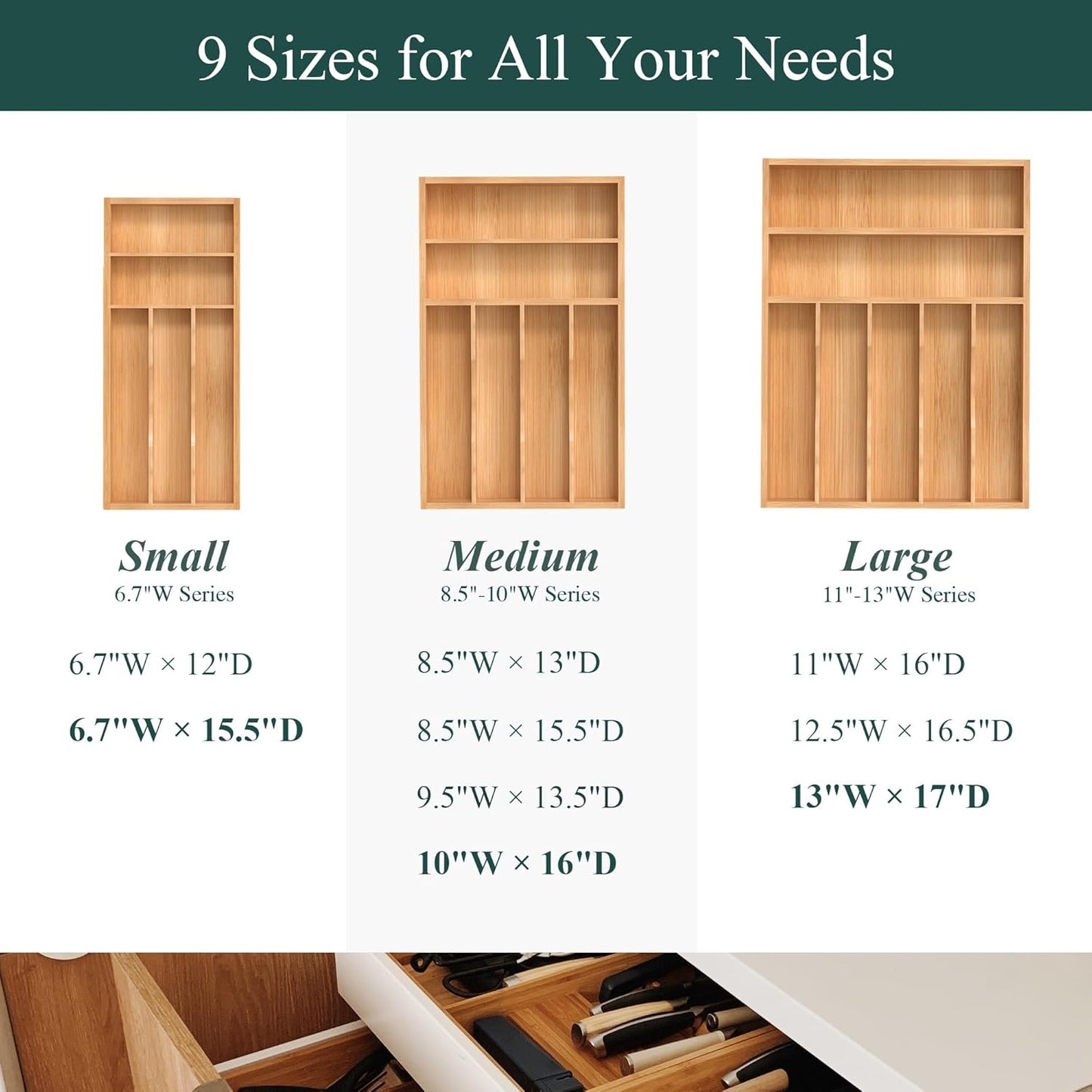 Small Silverware Organizer, Bamboo Kitchen Drawer Organizer, Utensil Holder, Cutlery Tray & Spoon Flatware Storage with Grooved Drawer Dividers (6.7''W x 12''D)