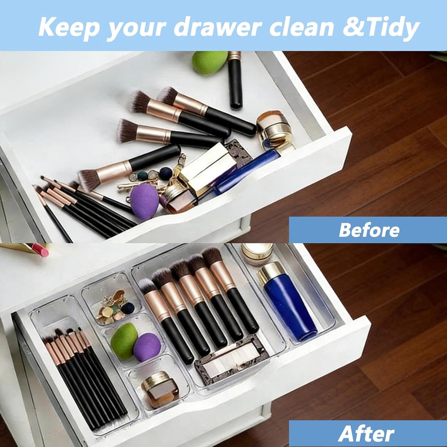 Clear Drawer Organizer Set, 4 Sizes Desk Drawer Divider Organizers Storage Bins for Bathroom,Kitchen,Office,Vanity Organizers Tray for Jewelry (27PACK)