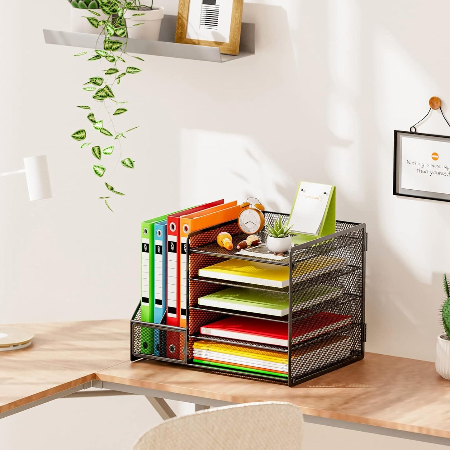 Marbrasse Desk Organizer with File Holder, 5-Tier Paper Letter Tray Organizer with Drawer and 2 Pen Holder, Mesh Desktop Organizer and Storage with Magazine Holder for Office Supplies(Black)