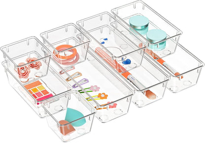 WOWBOX 6 Pack Clear Drawer Organizer Set, Acrylic Drawer Storage Trays, Storage Bins for Makeup, Cosmetics, Jewelries, Utensils, Gadgets, Office