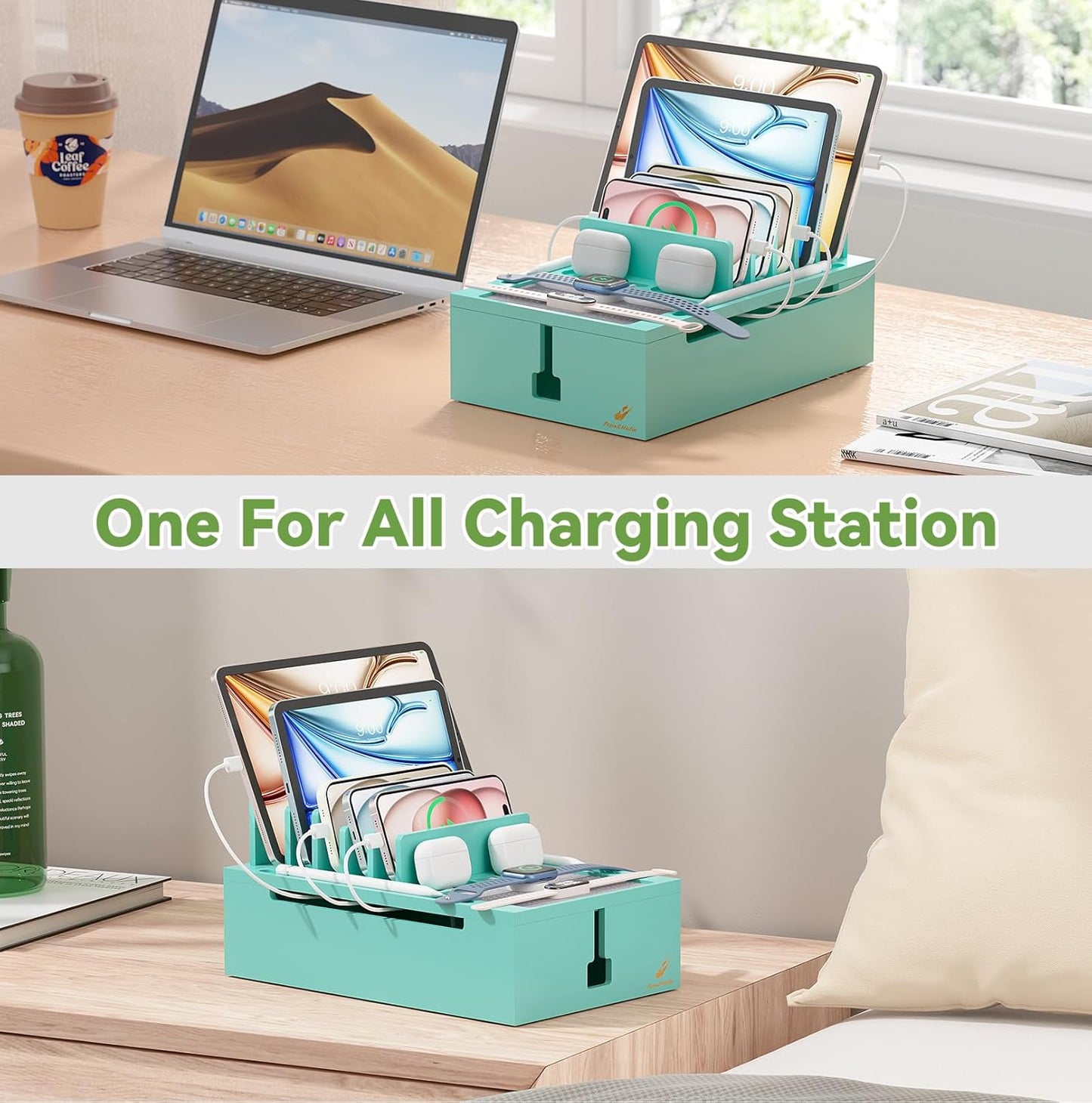 Pezin & Hulin Bamboo Charging Station for Multiple Devices, USB Charger Dock Organizer, with Power Supply (10 Ports HUB), 6 Cables, Cable Management Organizer for Cell Phones, Tablets -Natural+White