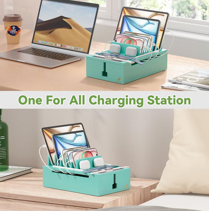 Pezin & Hulin Bamboo Charging Station for Multiple Devices, USB Charger Dock Organizer, with Power Supply (10 Ports HUB), 6 Cables, Cable Management Organizer for Cell Phones, Tablets -Natural+White