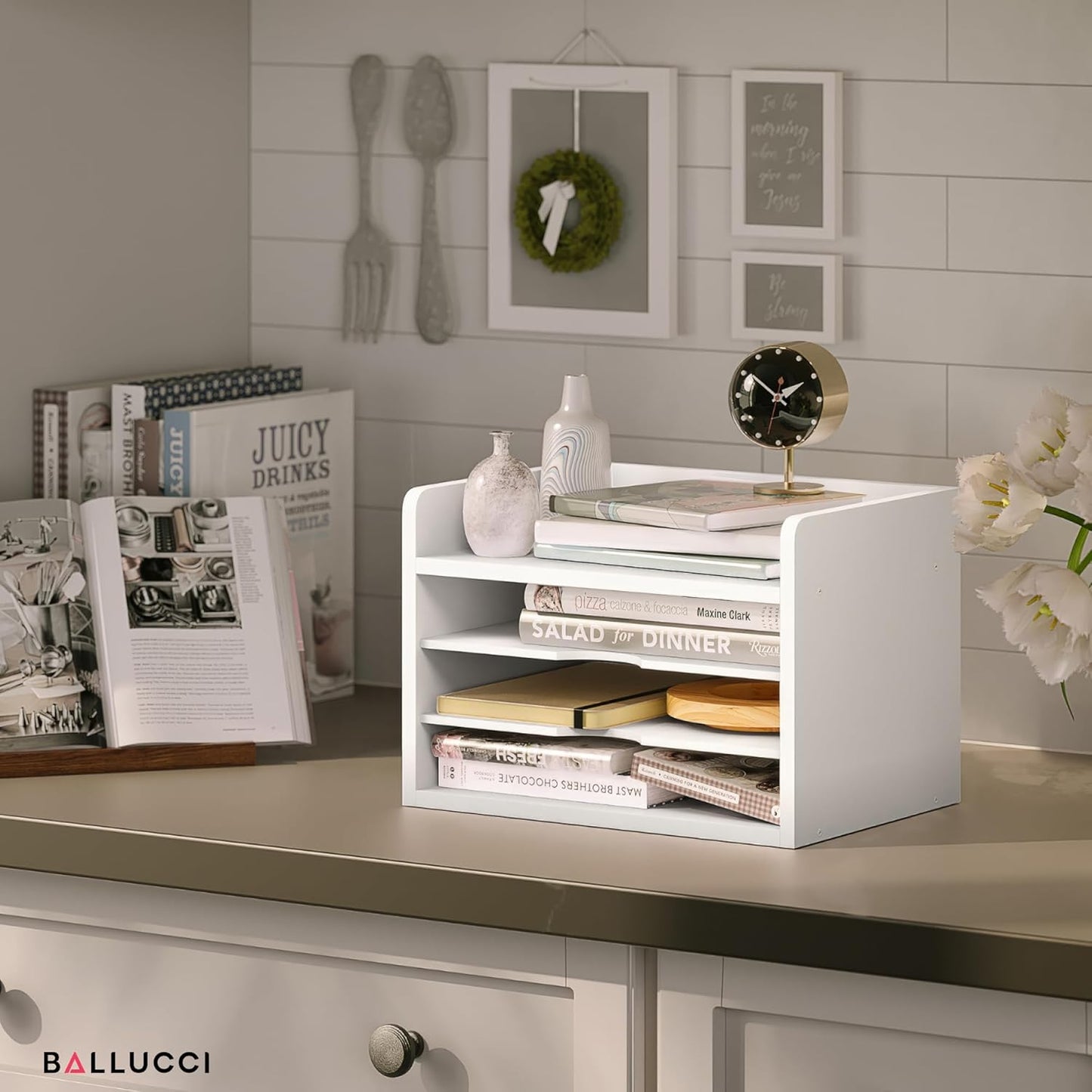 Ballucci File Organizer, 2-Tier Document Paper Sorter, Stackable Wood Desk Organizer Mail Holder, Monitor Stand with Storage Shelves, White