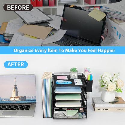 Desk Organizer, 5-Tier Paper Letter Tray Organizer with File Holder, Drawer and Pen Holder, Desktop Organizer for Office Supplies, Black