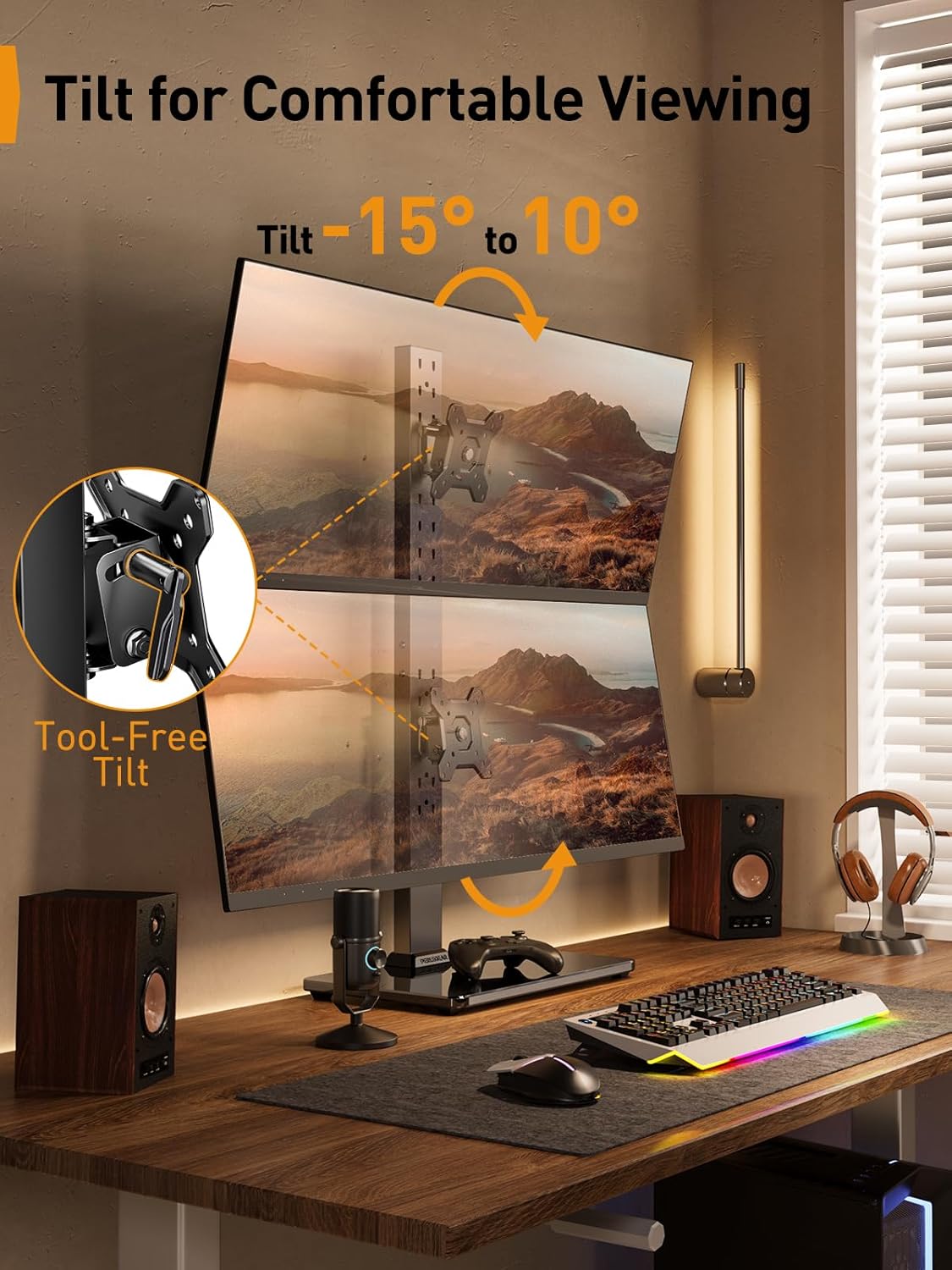 Perlegear Monitor Stand, Freestanding Monitor Mount for 13-34 inch Screens with 360 Degree Rotation, 5 Height Settings, Adjustable Desk Riser with Swivel and Tilt, Max VESA 100x100mm, PGTVS29