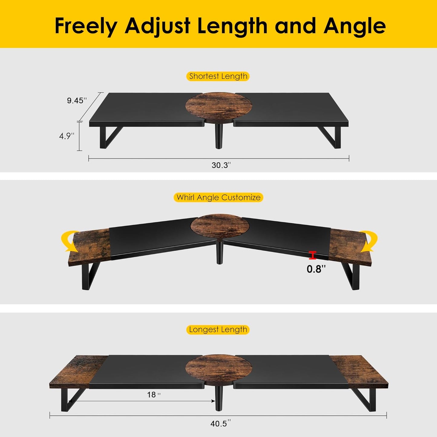 Across-Star Dual-Monitor-Stand-Riser-For-Desk Adjustable Length 32-40 Inch，Large Desktop Computer Monitor Riser For 2 Screens，Desk Shelf Organizer Riser Stand For Computer/Laptop/PC/Printer/TV Black