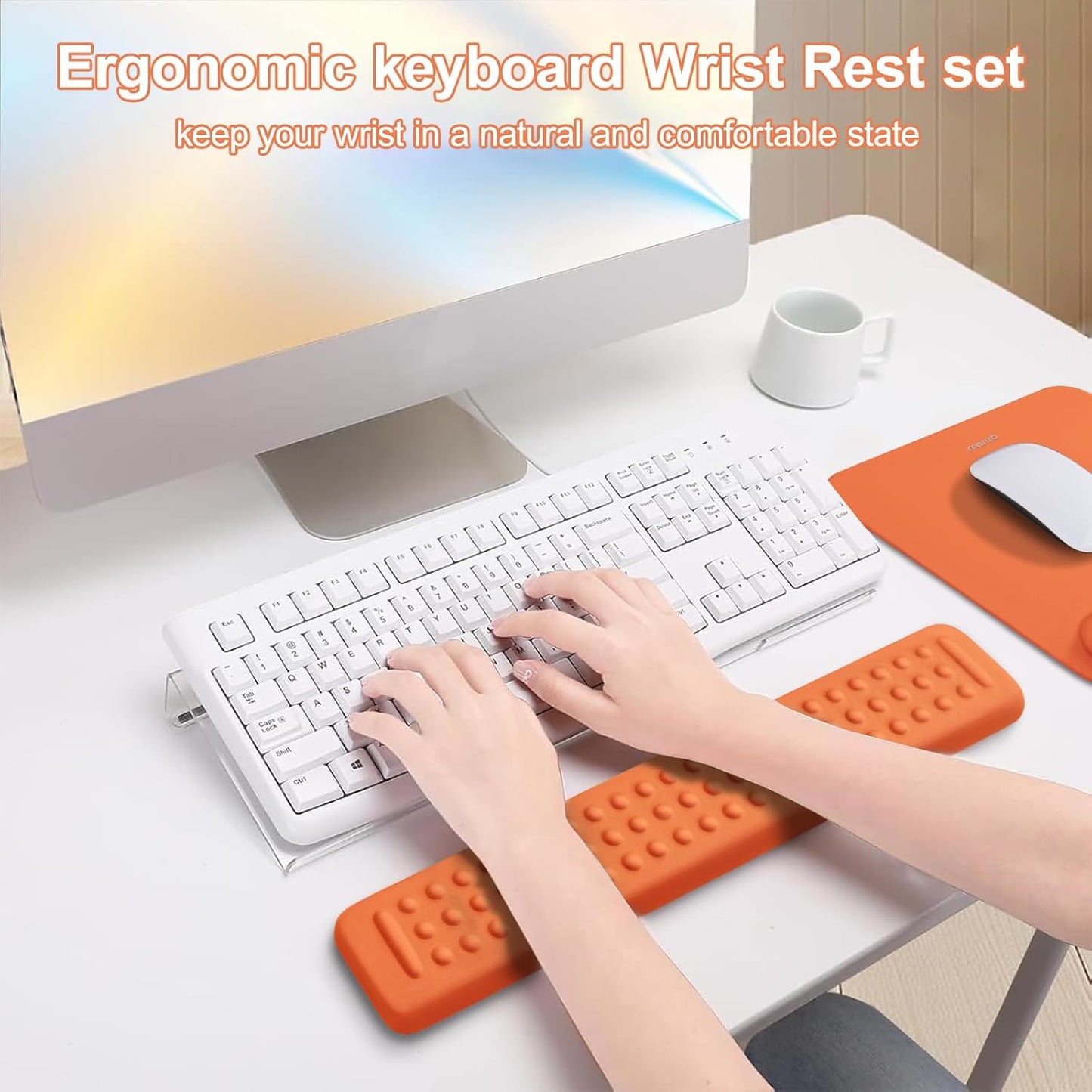 MOSISO Computer Keyboard Stand&Wrist Rest Support for Keyboard &Mouse Pad Set, Ergonomic Massage Wrist Rest Set, Easy Typing Working Acrylic Clear Stand for Office Home, Apricot