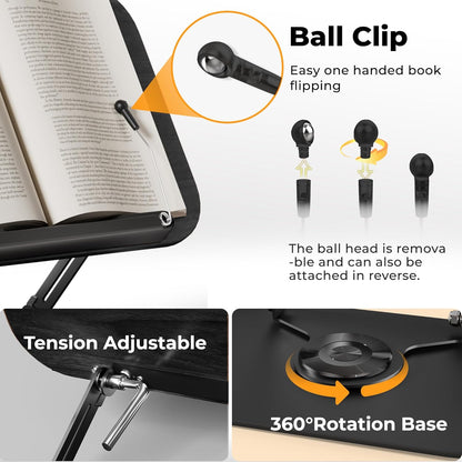 SupeDesk Book Stand for Reading, Adjustable Book Holder with 360° Rotating Bases, Foldable Designs, and Elastic Clips, Multifunctional Display Stand for Recipe, Cookbooks, Magazines, Tablets, Laptops