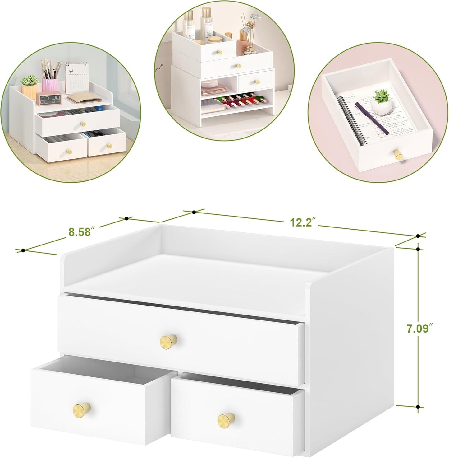 Bamboo Desk Organizer with Drawers Wooden Desktop Storage Drawers for Bills Office Supplies Kitchen Utensils Organizing Tool for Home Classroom Organization No Assembly (White, 3 Drawers)