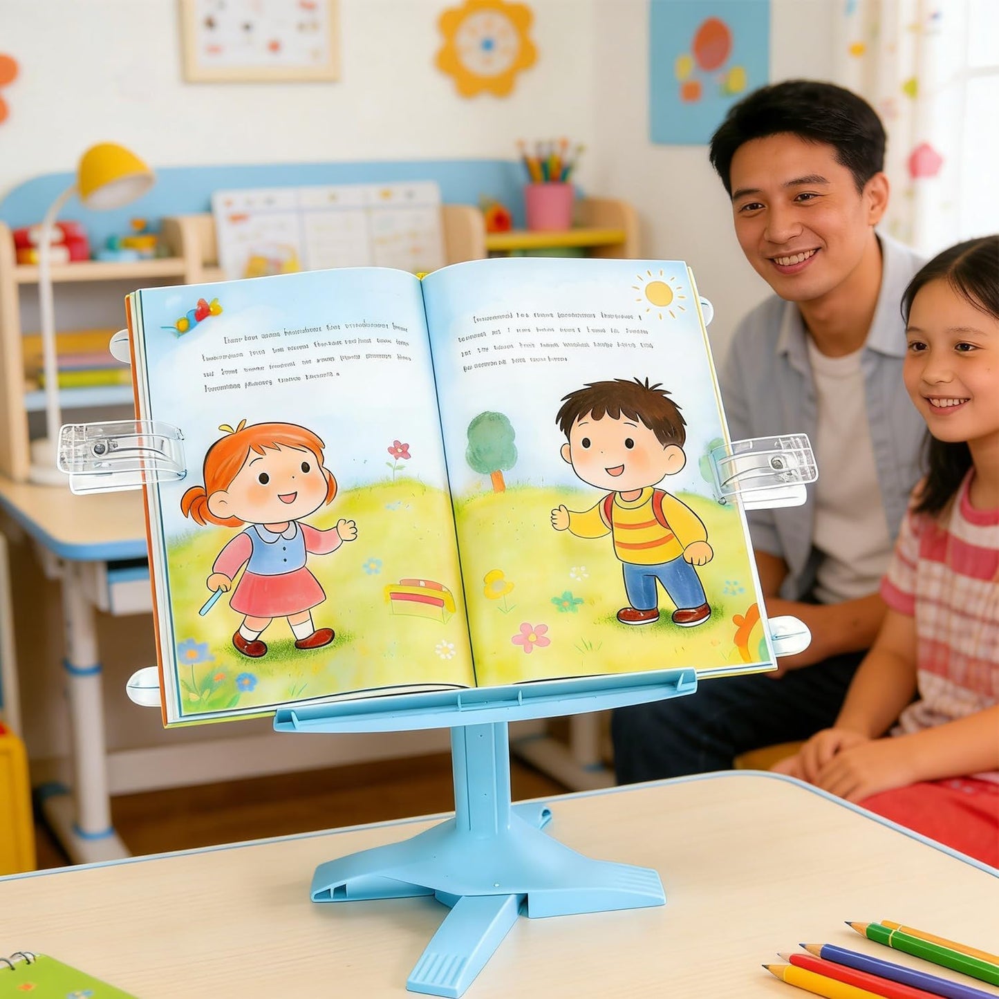 Book Stand for Desk, Kids Book Stand Adjustable Shelf Thick Base Foldable Riser Holder, Portable Desktop with Elastic Page Clips Gift for Children (Pink)