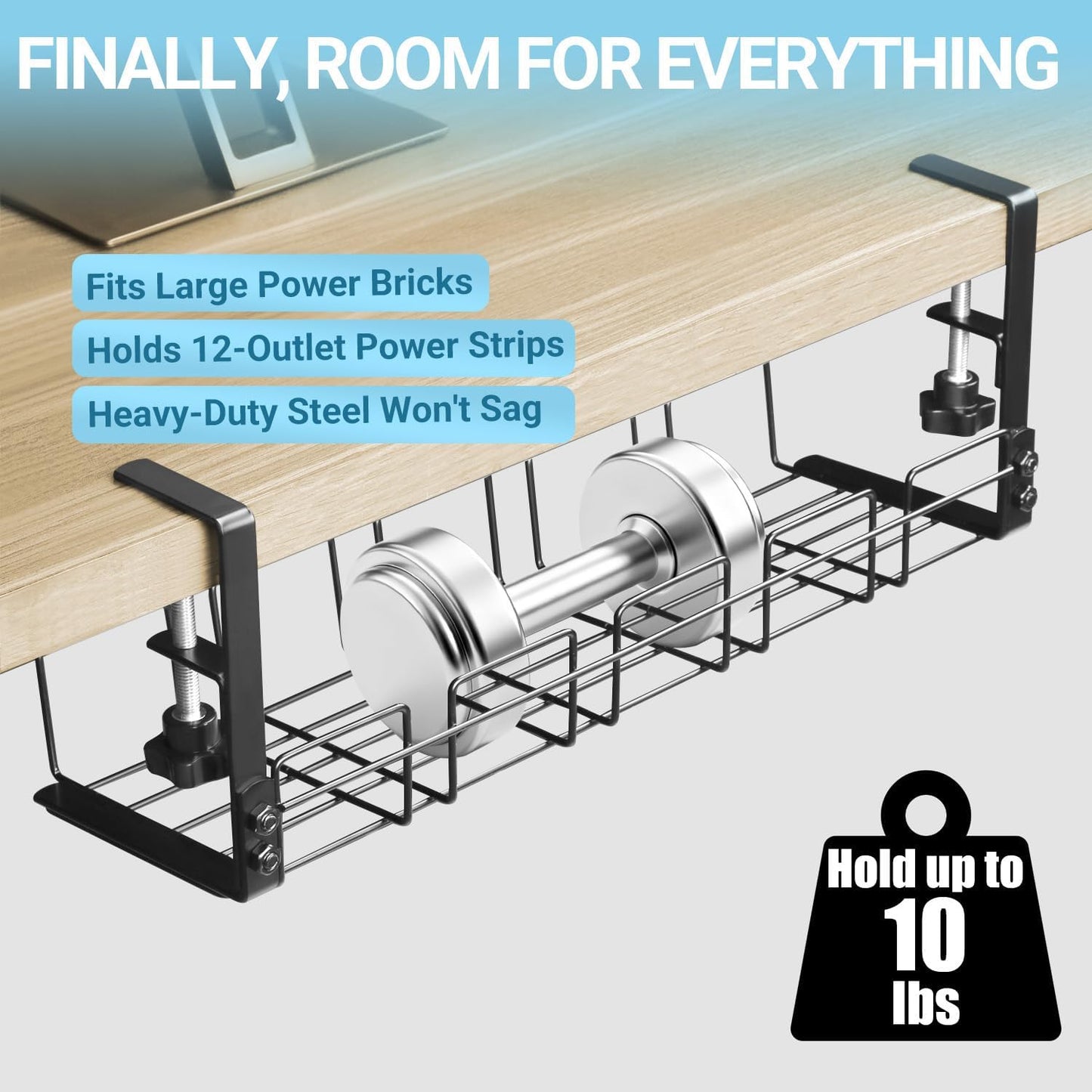 Under Desk Cable Management Tray, 15.7'' Metal Wire Organizer with Clamp, No Drill Desk Cord Rack for Cable Management, Computer Wire Organizer for Office and Home, Sturdy & Scratch-Free