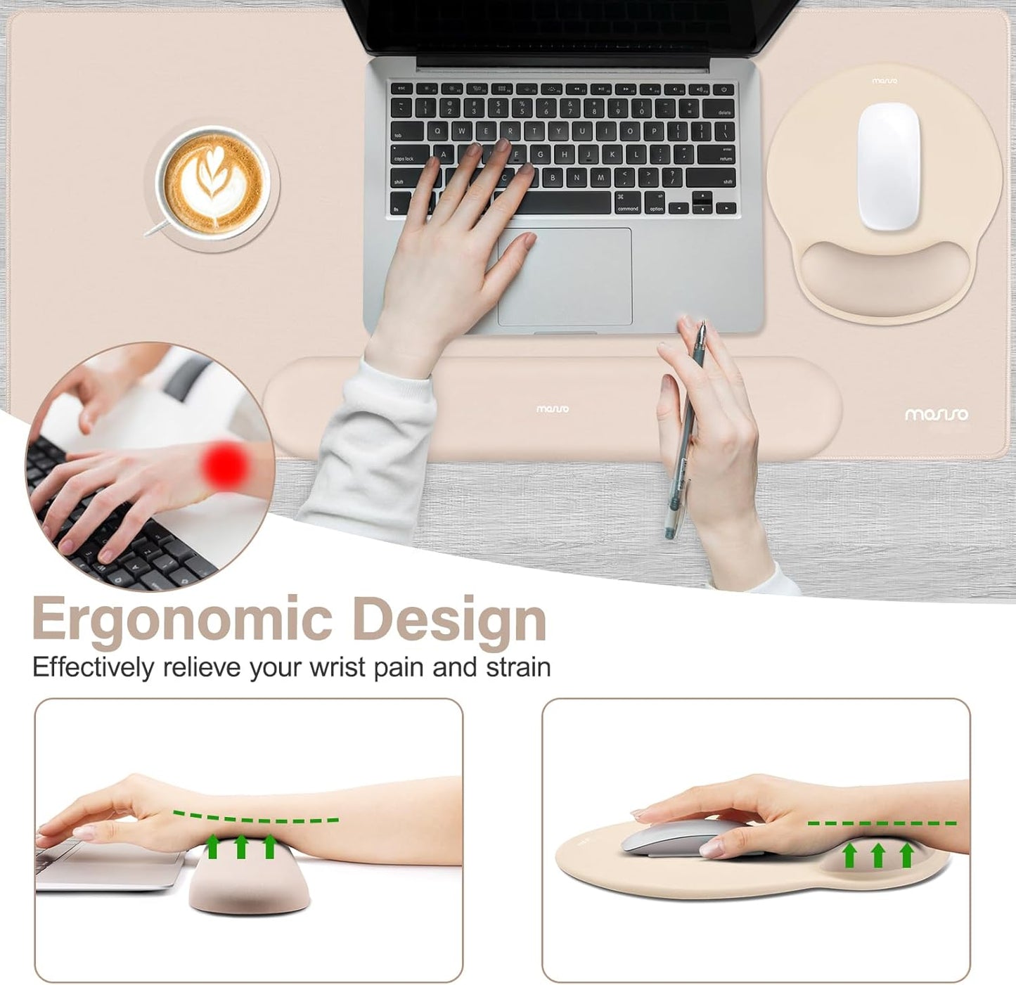MOSISO Wrist Rest for Keyboard Mouse Pad Set, Large Gaming Deskpad&Circle Curved Mousepad&Keyboard Wrist Rest&Coaster, Ergonomic Non-Slip Mousepad&Easy Typing Pad with Silicone Lining, Apricot