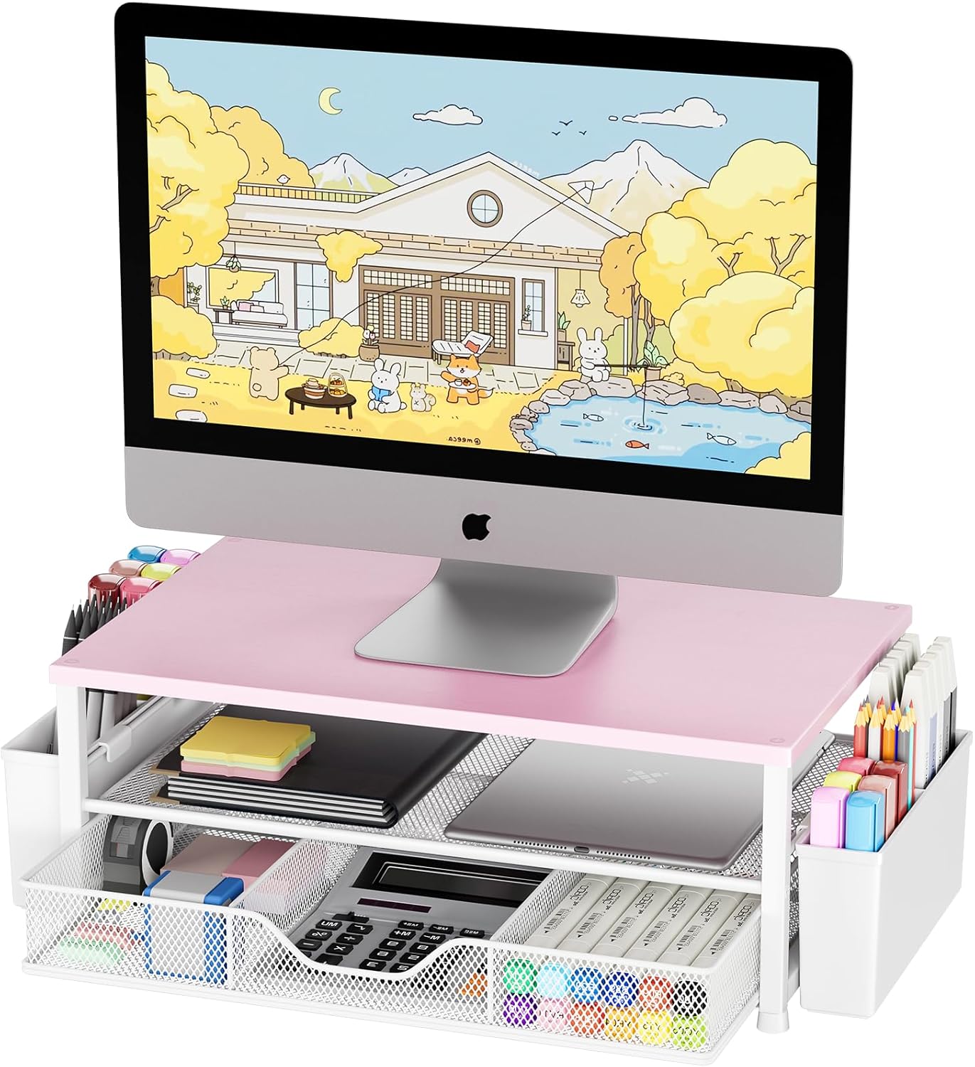 OPNICE Desk Organizers and Accessories, Computer Monitor Stand Riser with Drawer and 2 Pen Holders, Printer & Laptop Stand, Office Desk Accessories & Workspace Organizers for Home Office Supplies, Black