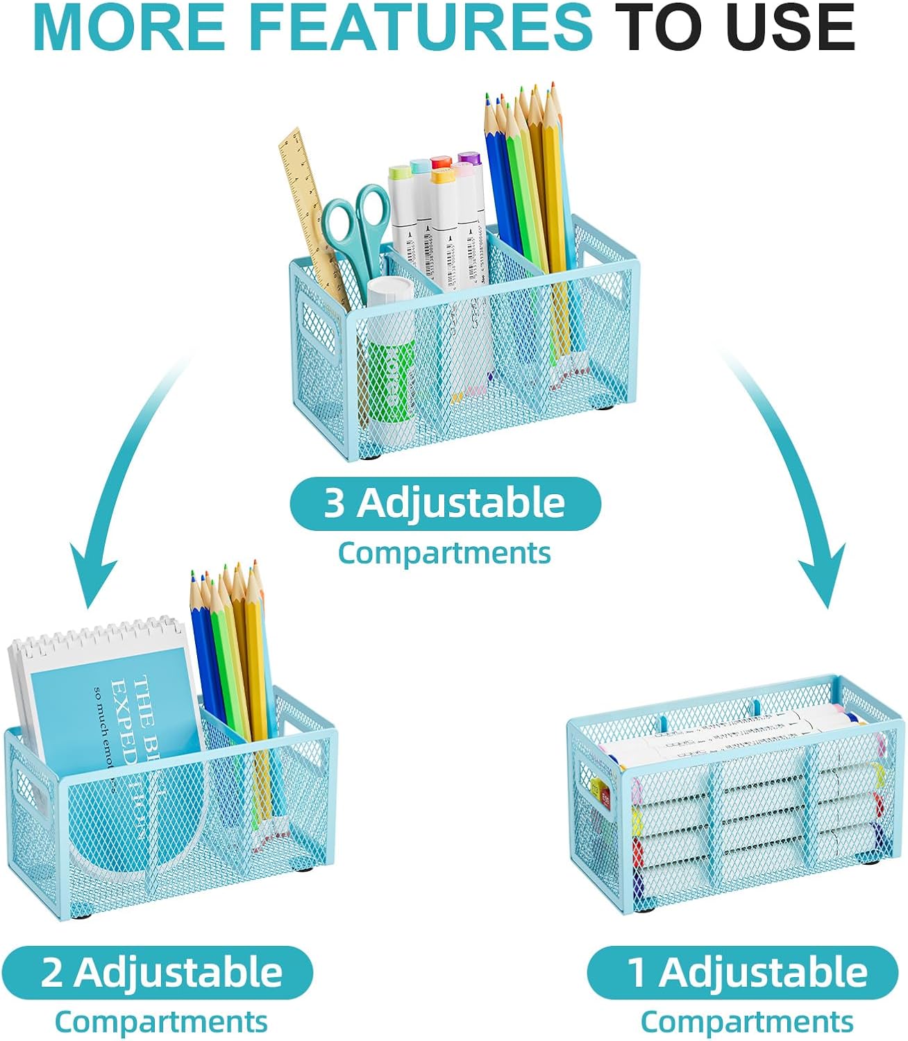 Marbrasse Mesh Pen Holder for Desk,Pencil Holder Desk Organizer 3 Adjustable Compartments,Pencil Cup with Handle Perfect for Classroom, Office, Home,Makeup,Art (Black)