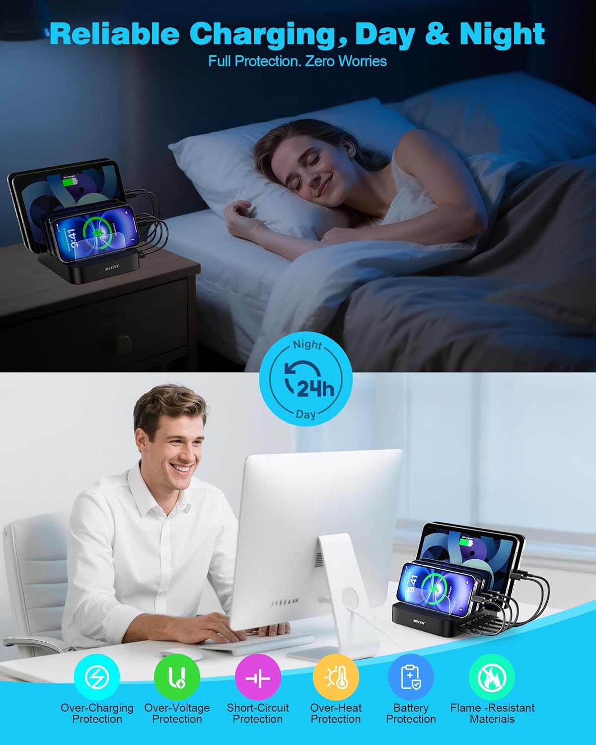 MSTJRY Charging Station for Multiple Devices : 5 Port Multi USB-A Charger Stations Multi-Device Organizer Charging Dock Designed for iPhone iPad Cell Phone Tablets (7 Short Cables Included)