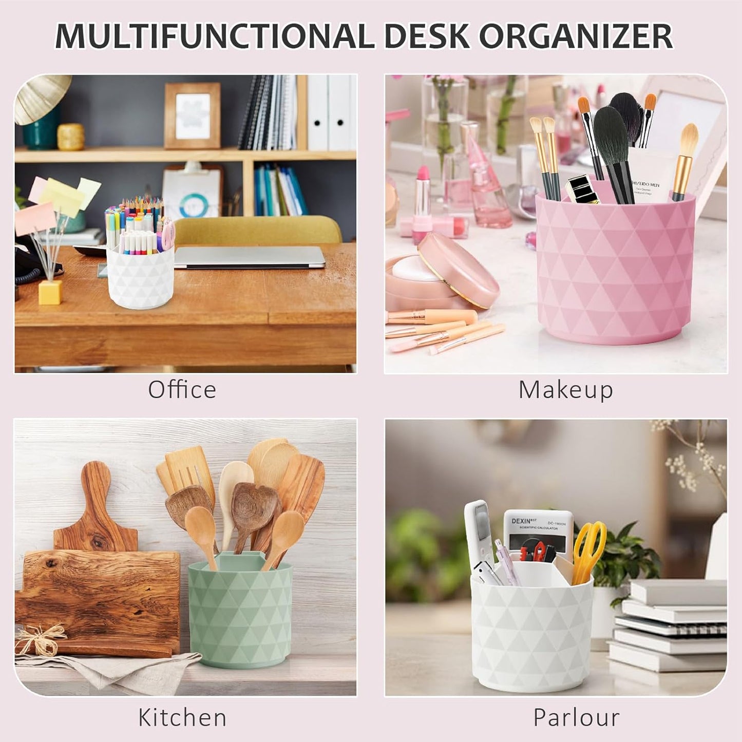 Desk Organizer, 360-Degree Rotating Pencil Pen Holders For Desk, Diamond Pattern Pen Organizer With 5 Compartments, Cute Desk Accessories Decor For Office, School,Home,Art Supply (Pink)