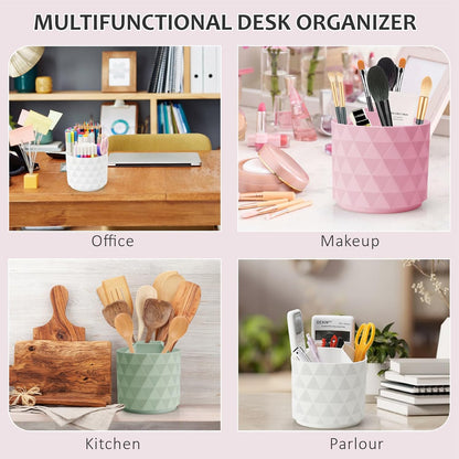 Desk Organizer, 360-Degree Rotating Pencil Pen Holders For Desk, Diamond Pattern Pen Organizer With 5 Compartments, Cute Desk Accessories Decor For Office, School,Home,Art Supply (Pink)