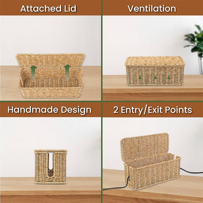 Cable Management Box, Handmade Rattan Cable Organizer with 2 Open Slots, Cord Hider for Power Strip, Router & USB Hub, Registered U.S. Design Patent (D1,112,102), 13" x 5.1" x 5.1", Natural