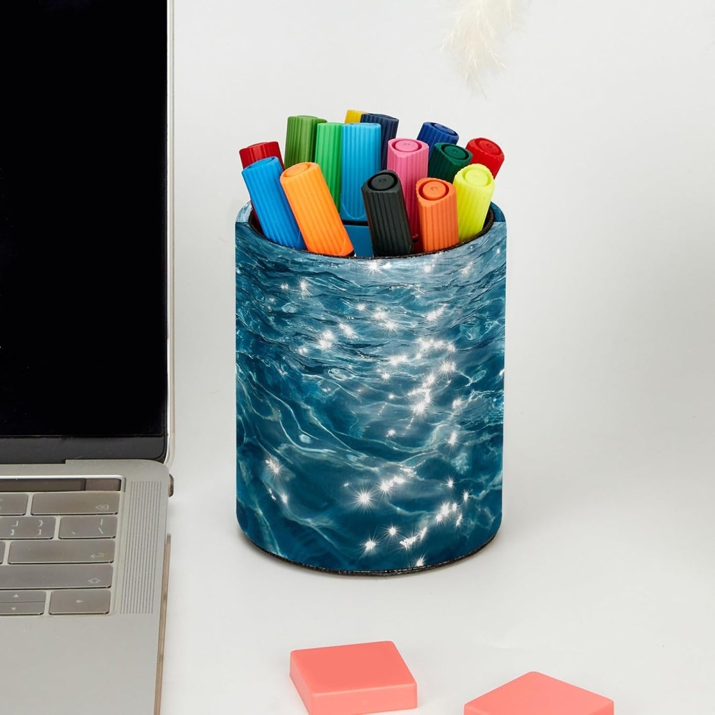Leather Pen Holder for Desk, Love Cherry Pencil Organizer Pencil Cup Desk Decor Makeup Brush Holder Multifunctional Office Supplies for Home,Office, School