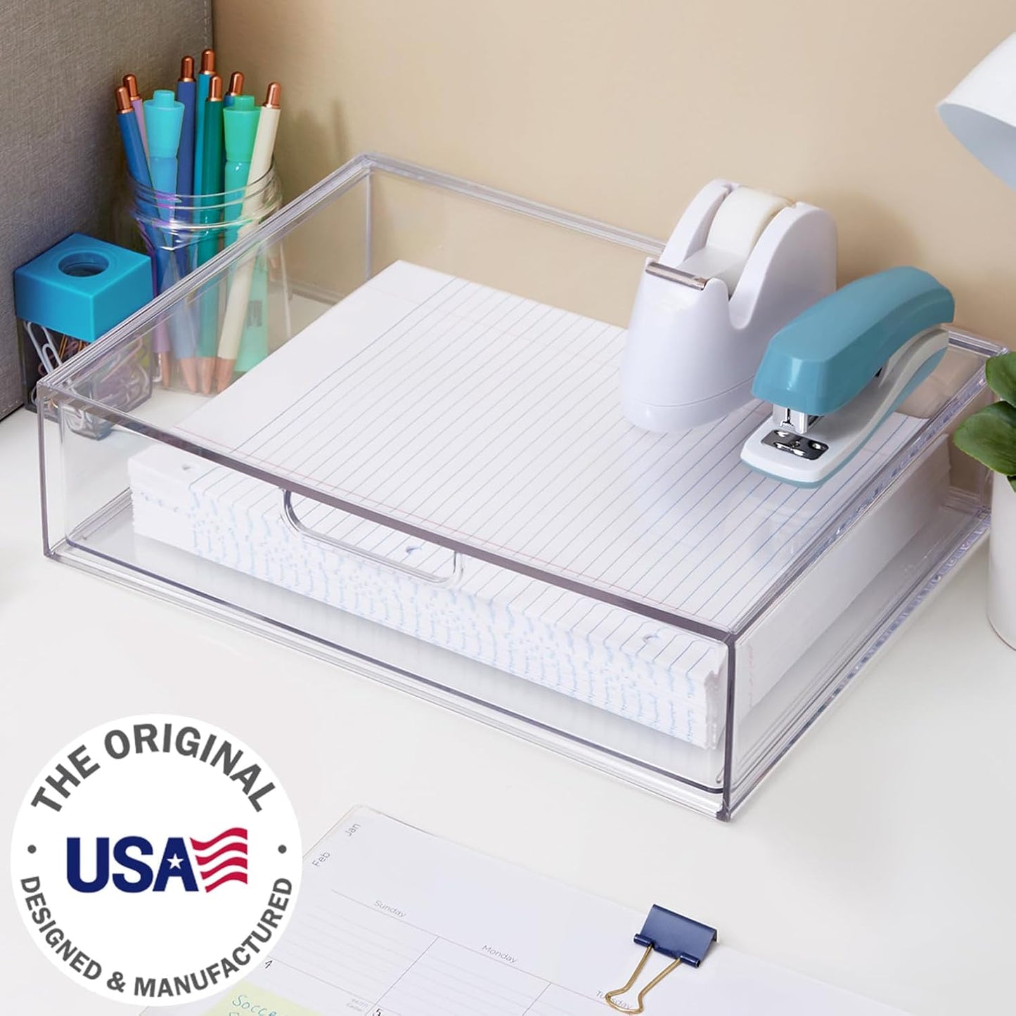 STORi STAX Plastic Stackable Organizer Drawers (Set of 2) Clear | 12.5" Wide | Set Includes Two Open Drawer | Organize Office Desk Accessories & Sort Paper | Made in USA