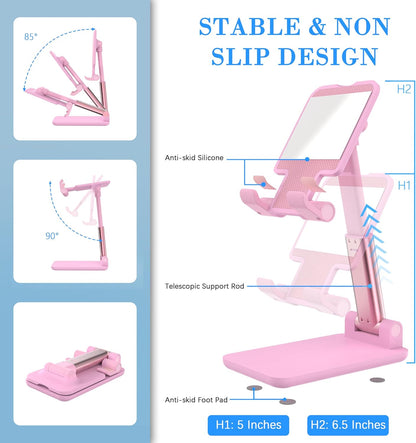 Cell Phone Stand, Adjustable Angle and Height Cell Phone Holder for Desk, Foldable and Portable, Anti-Slip Silicone Pad, Compatible with All Mobile Phones and 4-8 Inch Devices, Pink