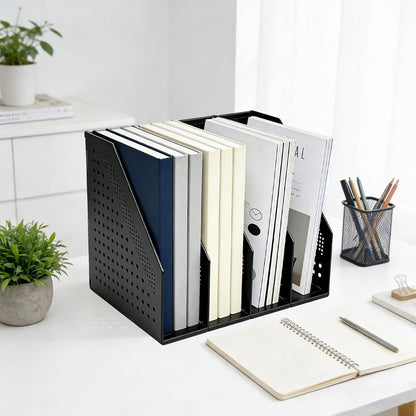 SAYEEC 2Pcs Collapsible Plastic Magazine File Holder Vertical Binder Storage Organizer for Desk Sturdy Upright Desktop Magazine Organizer Folder Rack for Office School Home (3 Compartments, Black)