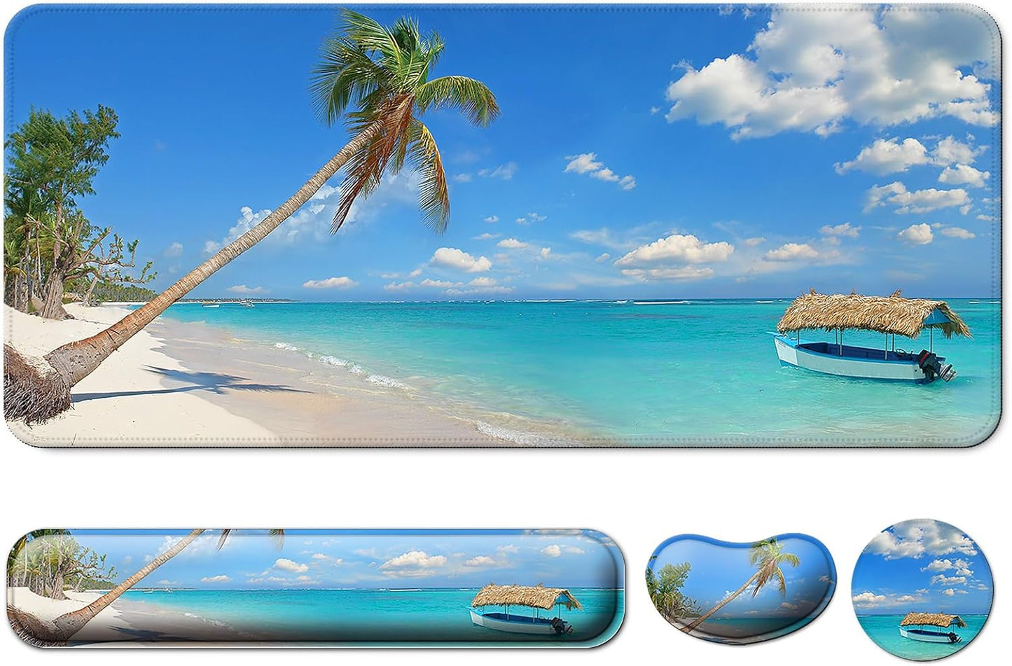 Keyboard Wrist Rest + Mouse Pad with Wrist Support + Desk Mat + Coaster 4 in 1 Set, XXL Large Gaming Mousepad Cute Ergonomic Mouse Pads for Desk Computer Laptop Office Decor-Beach