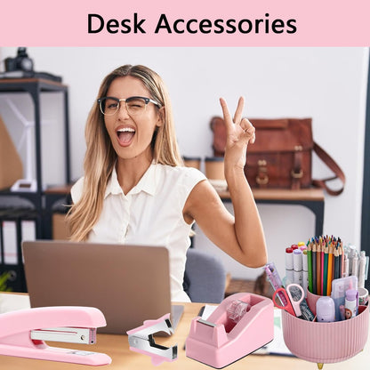 suniya Office Supplies,Gold Desk Accessories,with Stapler,Tape Dispenser,Pen Holder,Scissors,Phone Stand,Staple Remover,Ballpoint Pen,Clear Tape, Staples,Ruler,Clips,Best Gift for Business or Boss