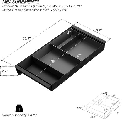 Under Desk Mounted Sliding Drawer with 60 Degree Tilt Panel to Pull Out, 15'' Long & 9'' deep Large Storage Organizer for Sit Stand Workstation