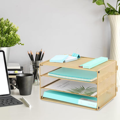 EASEPRES 3 Tier Mesh Desk Organizer Tray, File Paper Letter Folder Holder Desktop Paper Sorter Mail Organization Rack Storage Accessories, for Office Home School Classroom, Black