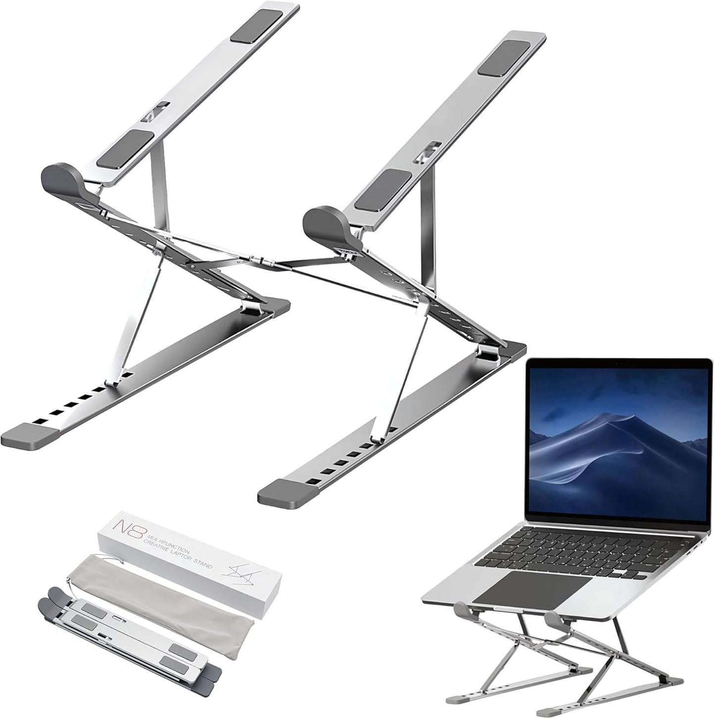 Ergonomic 7-Levels Angles Adjustable Laptop Stand, Portable Laptop Stand for Desk, Aluminum + Silicone Foldable Ventilated Cooling Laptop Riser for 10-17” Laptops, Tablets (Silver)