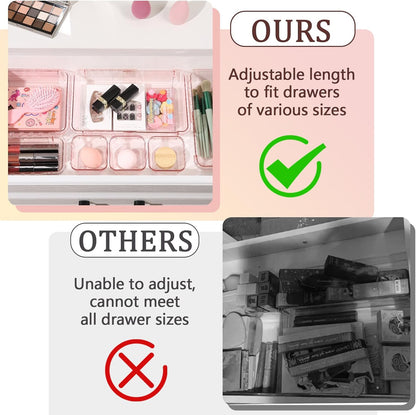 14 Pcs Adjustable Clear Drawer Organizer, Extendable Vanity Storage Bins, Desk Drawer Organizer Set for Makeup, Cosmetics, Bedroom, and Gadgets, Purple