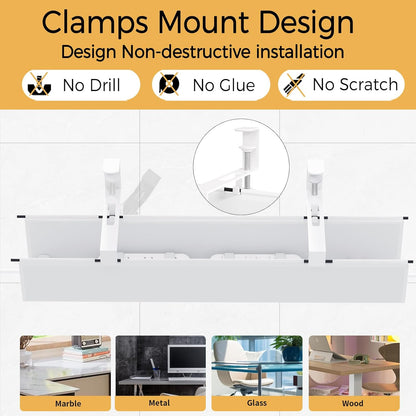 Under Desk Cable Management Tray 27.2" - No Drill Computer Wire Organizer Cable Tray, Cord Hider Clamp Mount with 16X Cable Ties PC Cables Management Cord Holder for Office/Home (Upgrade Fabric,White)